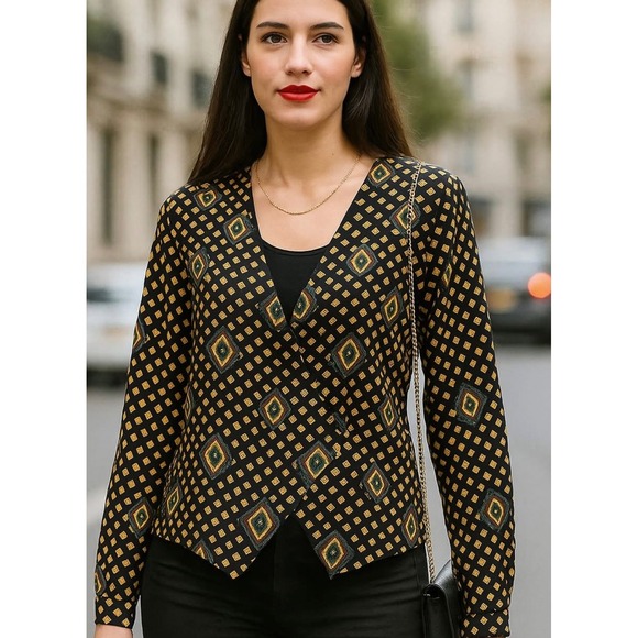Vintage 80s Black‎ Gold Blouse. Hidden Dickie. Geometric Diamond. Retro. SZ 14 - Picture 1 of 16